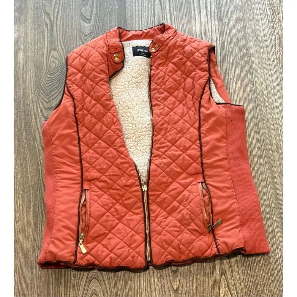 Active USA Womens Quilted Puffer Vest Jacket Sherpa Lined Full Zip Orange Size L